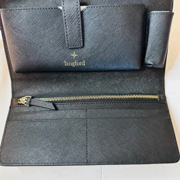 Langford Saint Jasmine Saffiano Black Wristlet Tri-fold Wallet With Gold Accents - Picture 7 of 15